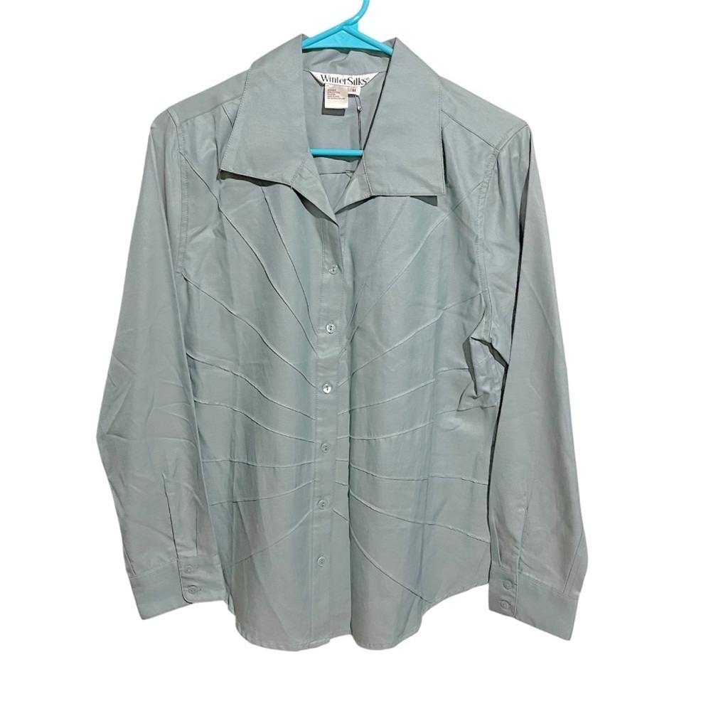 WinterSilks NWT Women’s Blouse Medium Blue Silk Blend Starburst Seam Work Wear